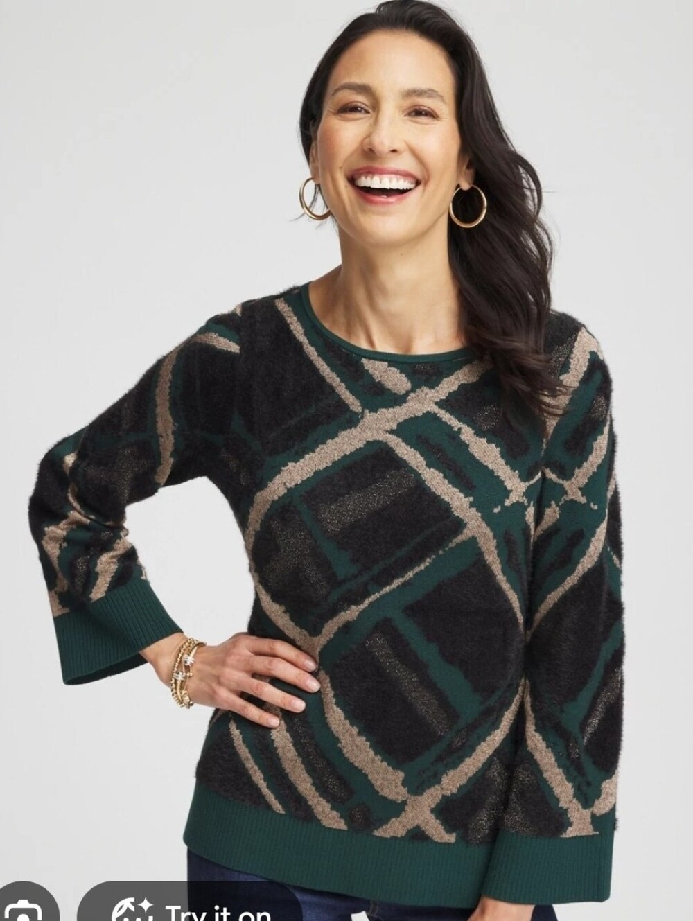 Chicos 1 Eyelash Jacquard Green Black  Crewneck Sweater Sz Medium